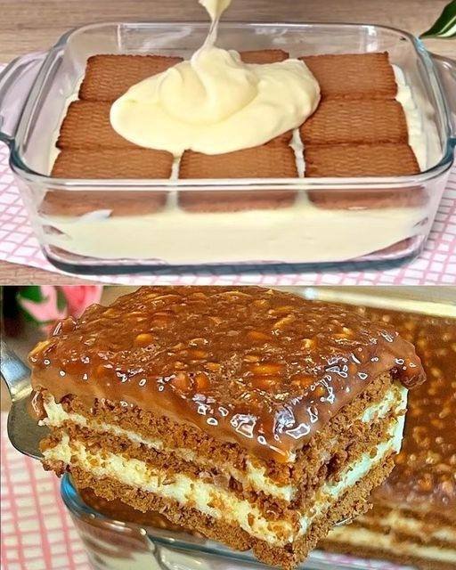 Pavê de Biscoito com Creme e Cobertura de Chocolate